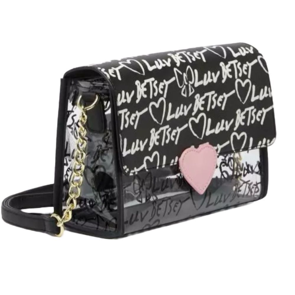 LUV Betsey by Betsey Johnson Designer Crossbody Bag Clear Black All Over Print - Picture 3 of 10